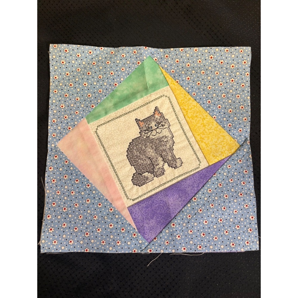 Vtg Quilt Block~Cross Stitch Gray Cat~Machine Embroidered~8.5" Square Pastels